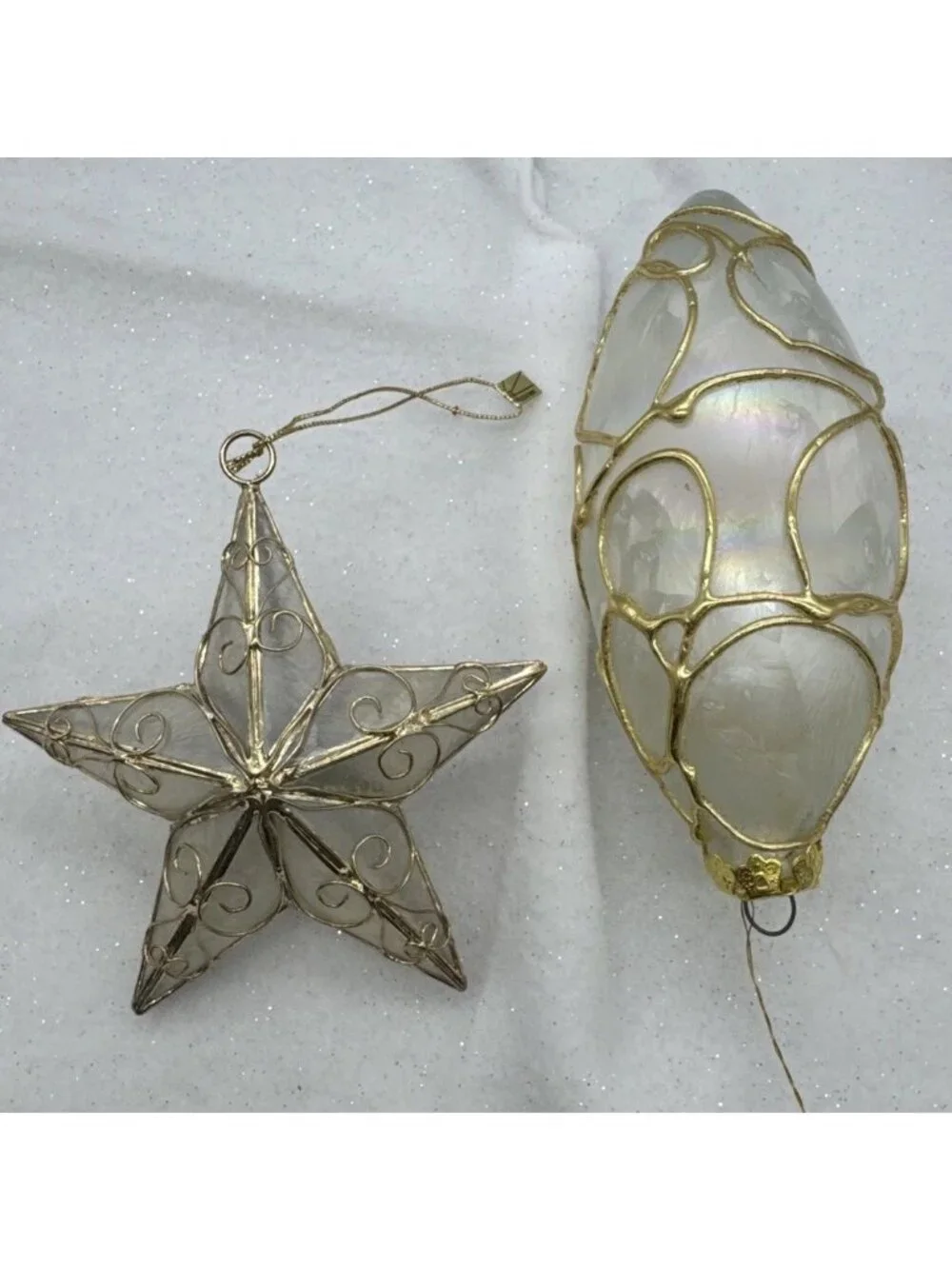 Vintage Star/Oval Capiz Shell Ornaments Christmas 3D Gold Tone Filigree Philipin